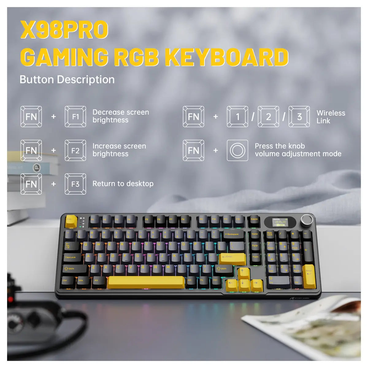 ATTACK SHARK X98PRO Wireless Gaming Keyboard Tri-Mode 99 Keys Hot-Swappable Blueberry Switch Moonlight Night