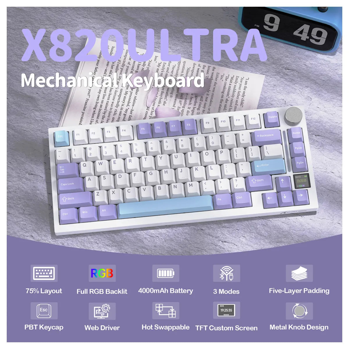 ATTACK SHARK X820 Ultra Mechanical Keyboard 75% Tri-Mode Starlight White