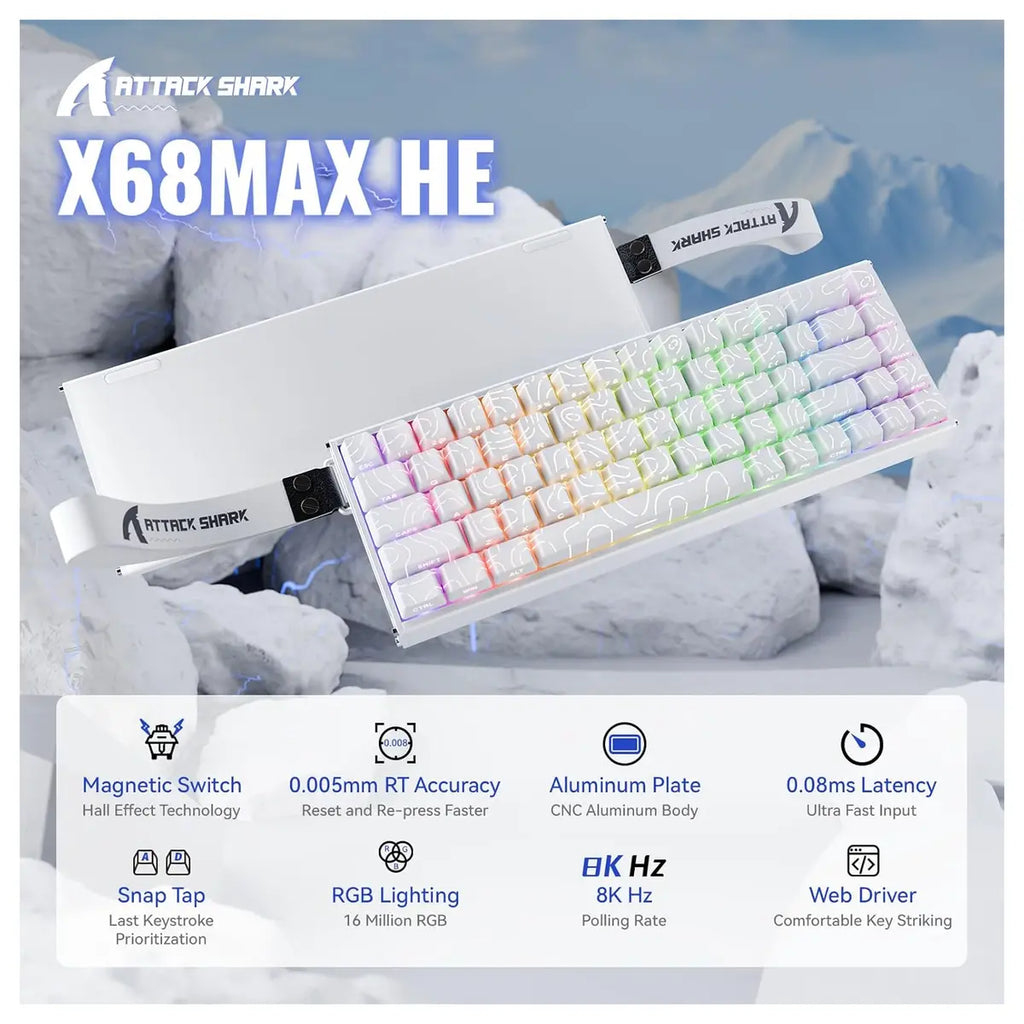 ATTACK SHARK X68MAX HE Rapid Trigger Aluminum Keyboard Magnetic Switch 60% Wired 8000Hz White Contours - X68 Max