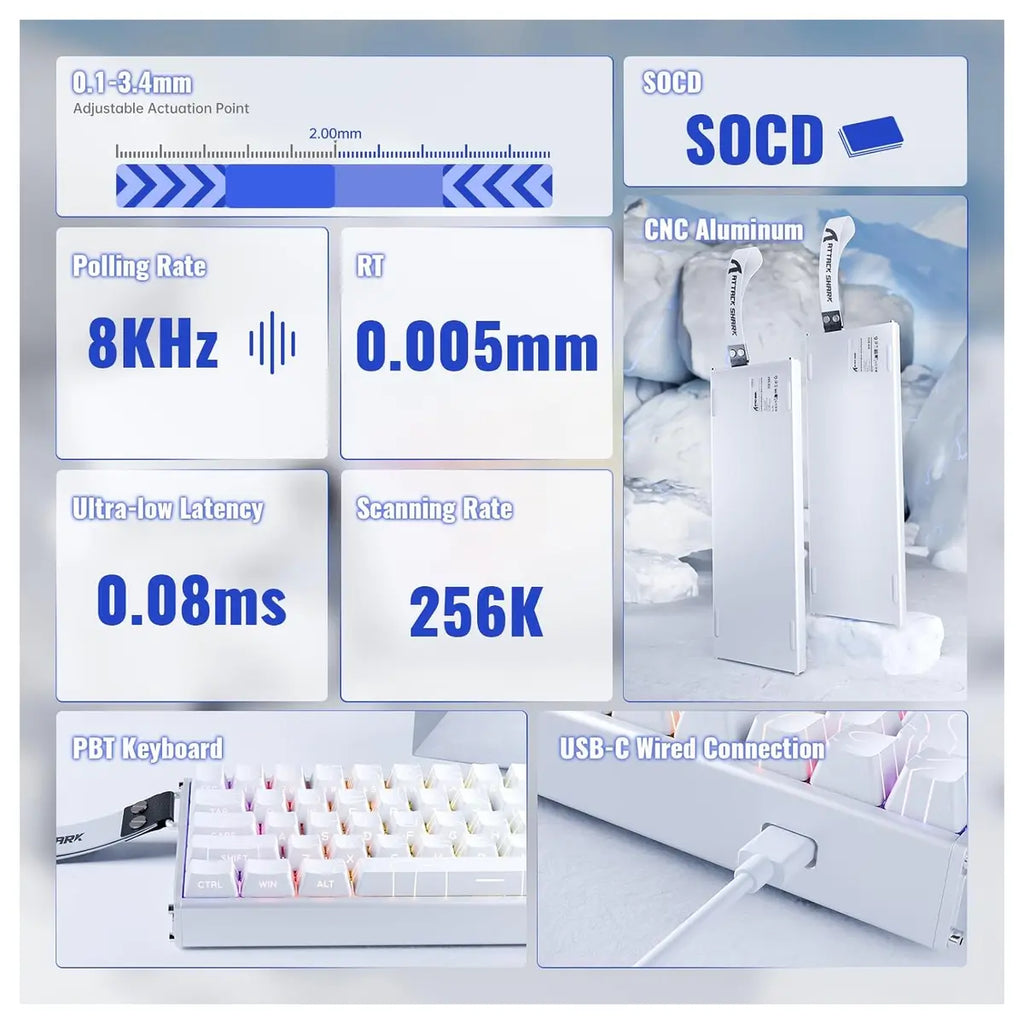 ATTACK SHARK X68MAX HE Rapid Trigger Aluminum Keyboard Magnetic Switch 60% Wired 8000Hz White Contours - X68 Max
