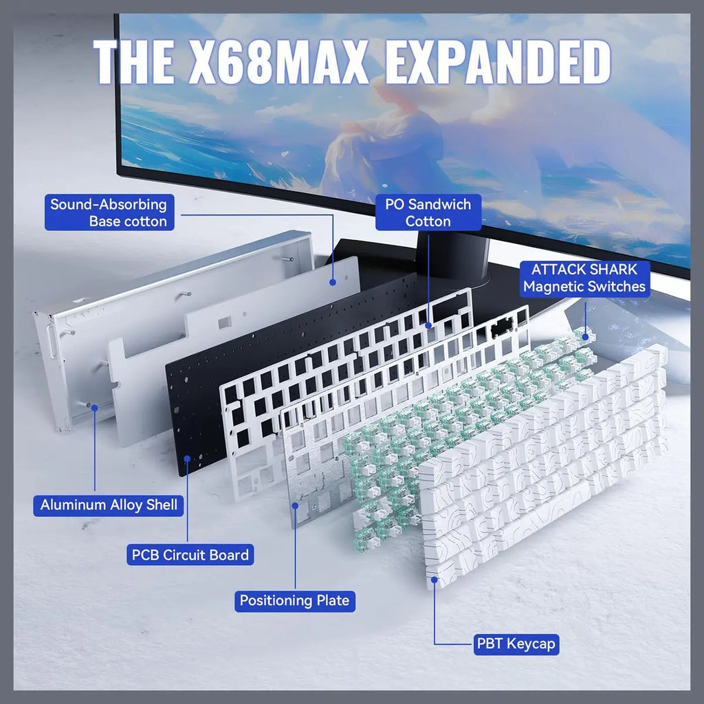 ATTACK SHARK X68MAX HE Rapid Trigger Aluminum Keyboard Magnetic Switch 60% Wired 8000Hz White Contours - X68 Max