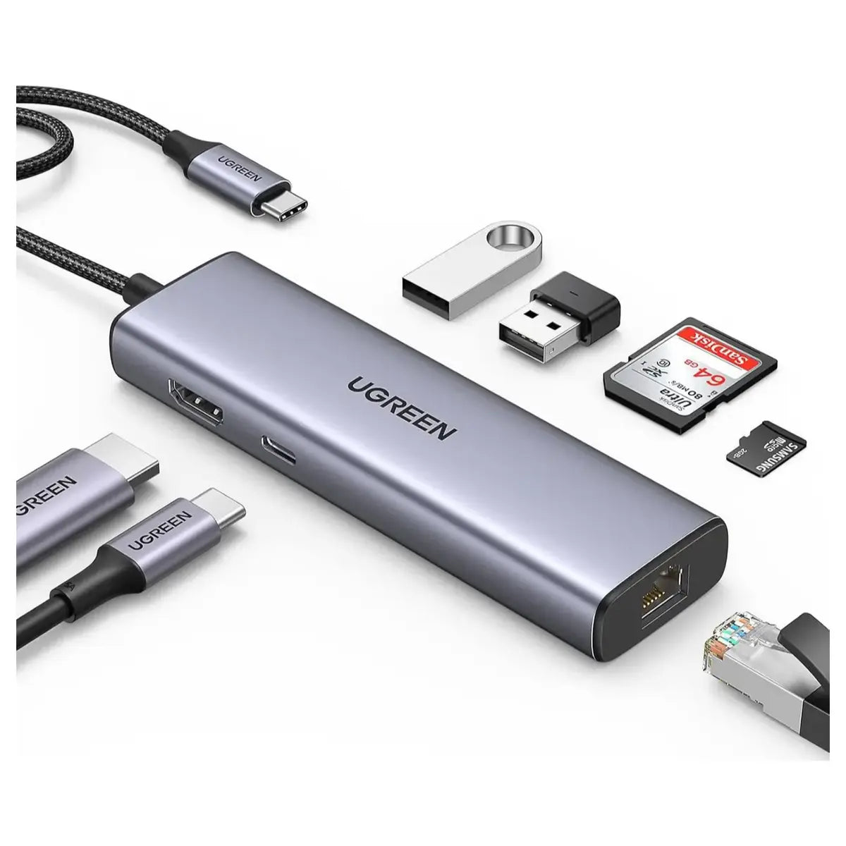 Ugreen USB-C Hub 7 In 1 Docking Station Adapter, Gigabit Ethernet 4K HDMI, 100W PD, USB 3.0, SD and Micro SD, 90568