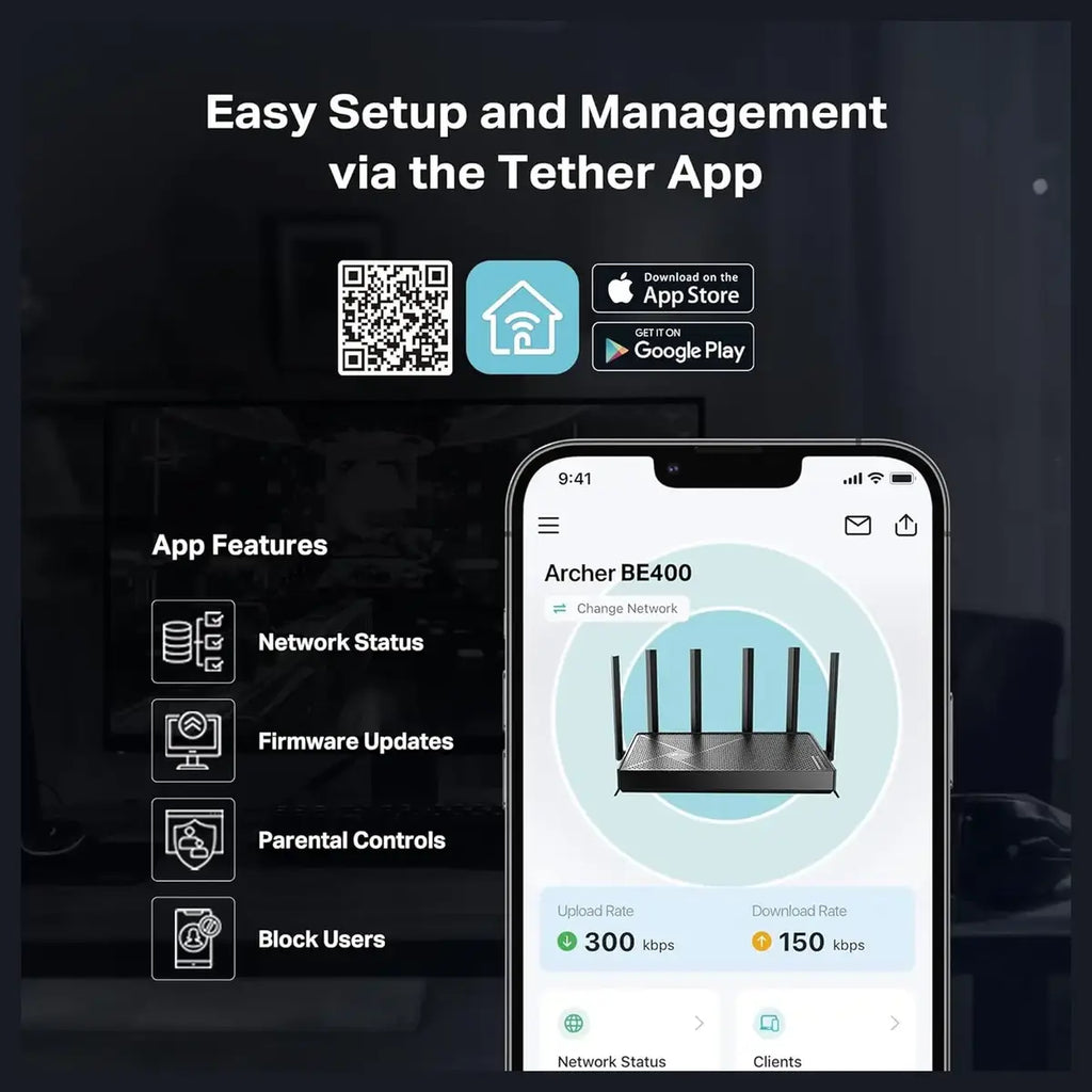 TP-Link Archer BE400 BE6500 Dual-Band WiFi 7 Router, 6.5Gbps, Dual 2.5Gbps Ports