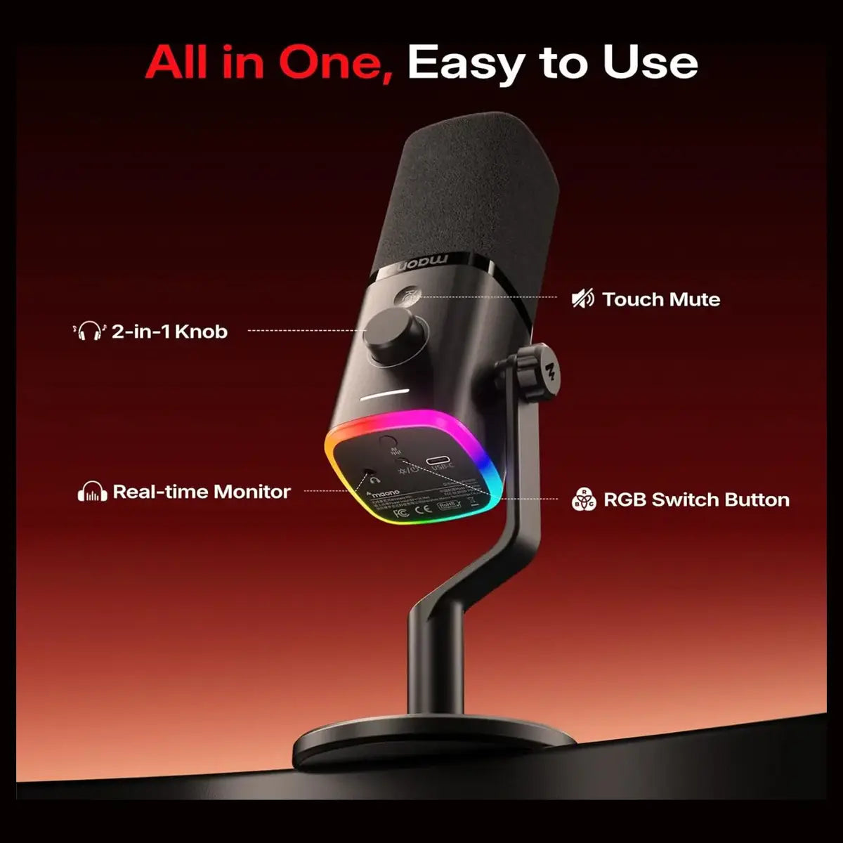 Maono PD100W Wireless and USB Microphone, One-Click Noise Reduction, Custom RGB, 3.5mm Headphone Jack, Black