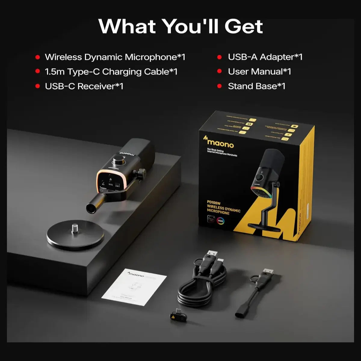 Maono PD100W Wireless and USB Microphone, One-Click Noise Reduction, Custom RGB, 3.5mm Headphone Jack, Black