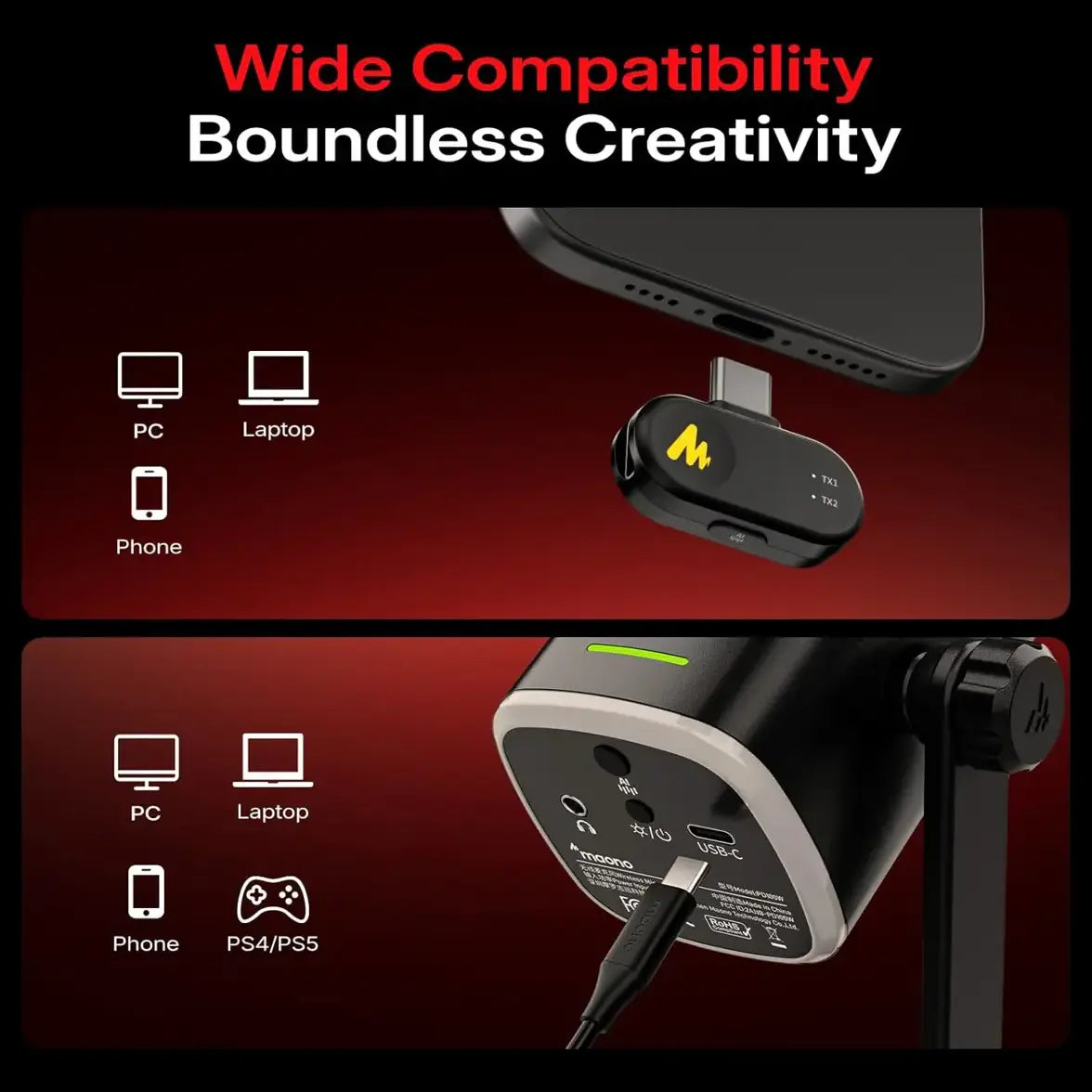 Maono PD100W Wireless and USB Microphone, One-Click Noise Reduction, Custom RGB, 3.5mm Headphone Jack, Black