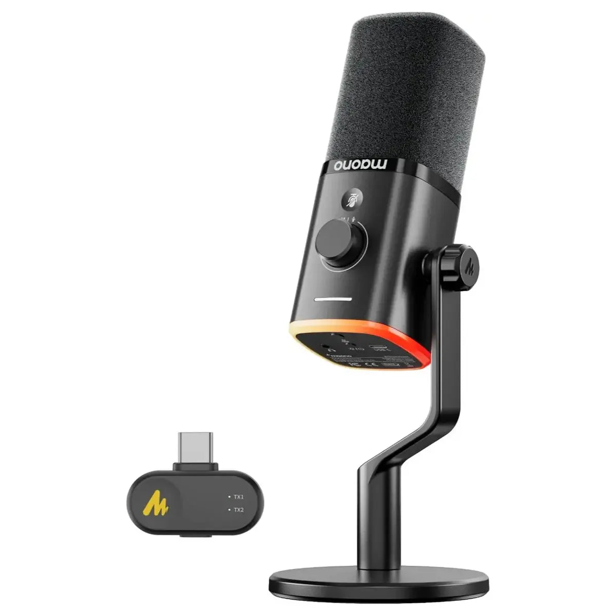 Maono PD100W Wireless and USB Microphone, One-Click Noise Reduction, Custom RGB, 3.5mm Headphone Jack, Black