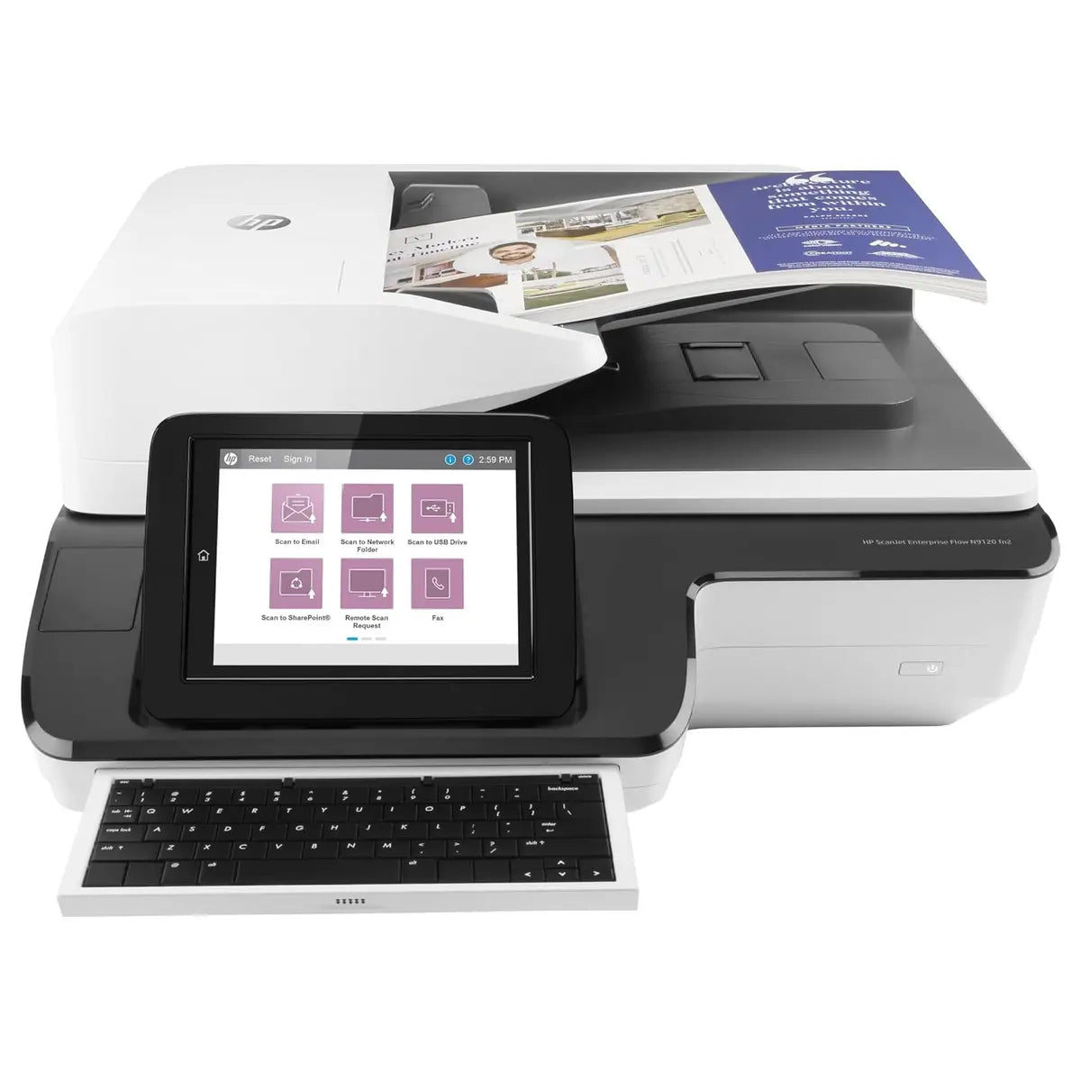 HP ScanJet Enterprise Flow N9120 fn2 Flat Surface Document Scanner, 8" Touchscreen, 120ppm 240ipm, 200 Sheets, Ethernet and USB, White (Official Warranty)