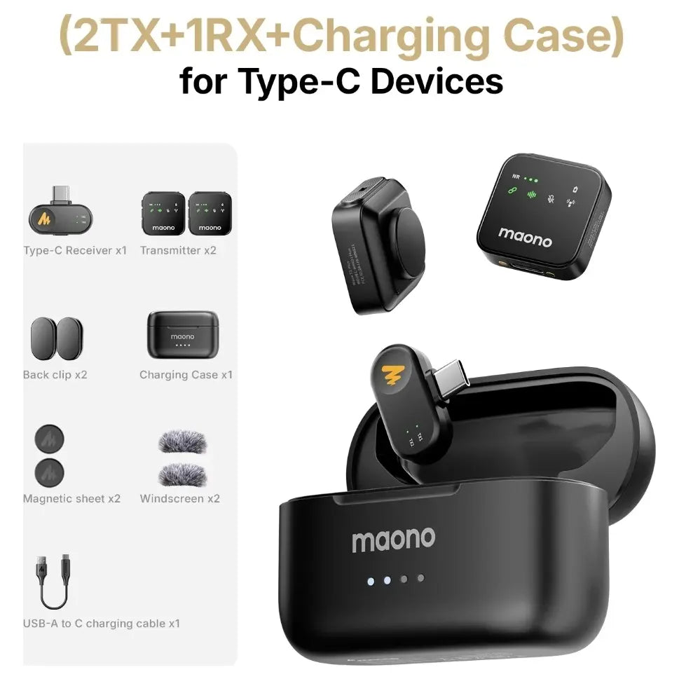 MAONO WAVE T1 PLUS PC2 Microphone Wireless Lavalier Microphone, Type-C, 100m, 40H+ Battery Life