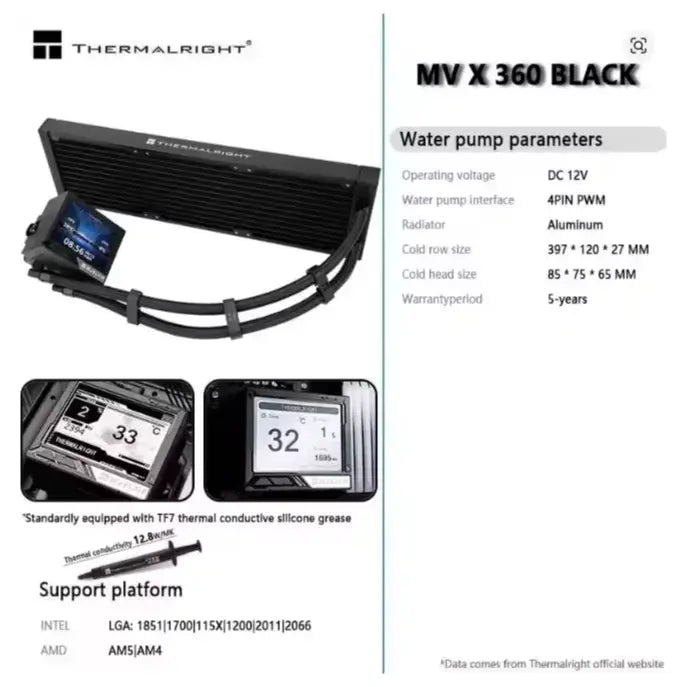 Thermalright Mjolnir Vision X 360 AIO CPU Liquid Cooler 3.5 inch IPS LCD 320 x 240 for AM4 AM5 LGA1700 LGA1851 Black