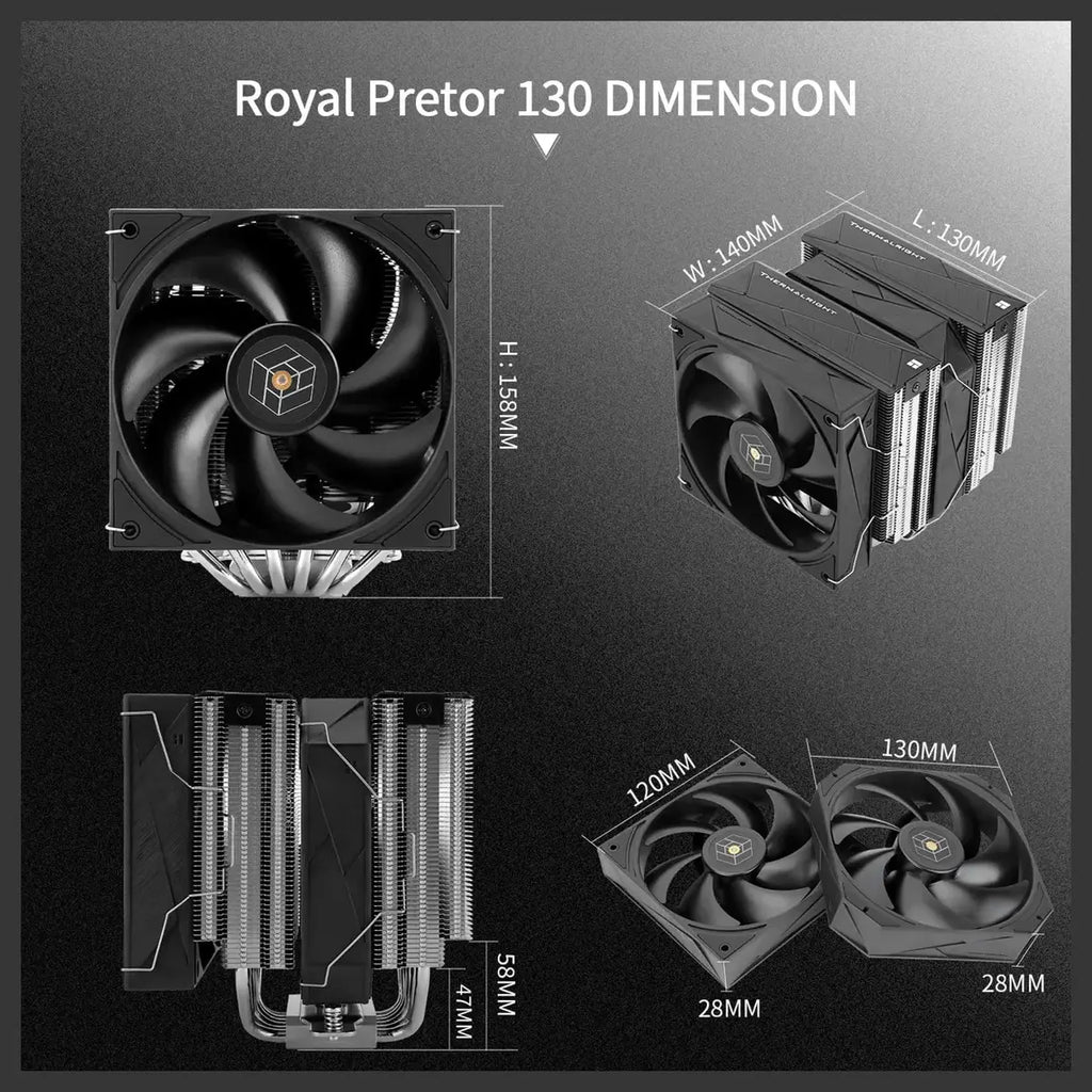 Thermalright Royal Pretor 130 CPU Air Cooler, Double-Tower 6 Heat Pipes Dual PWM Fans, 158mm