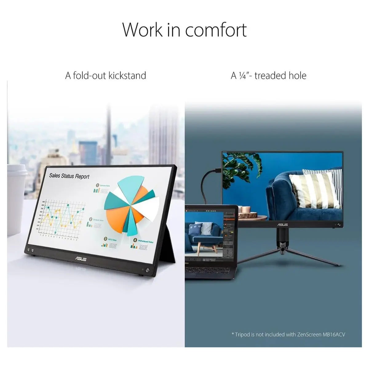 Asus ZenScreen MB16ACV Portable Monitor, 15.6" Full HD 1920x1080 IPS, USB-C Hybrid-Signal Power and Video, Kickstand, Eye Care Flicker Free Blue Light Filter