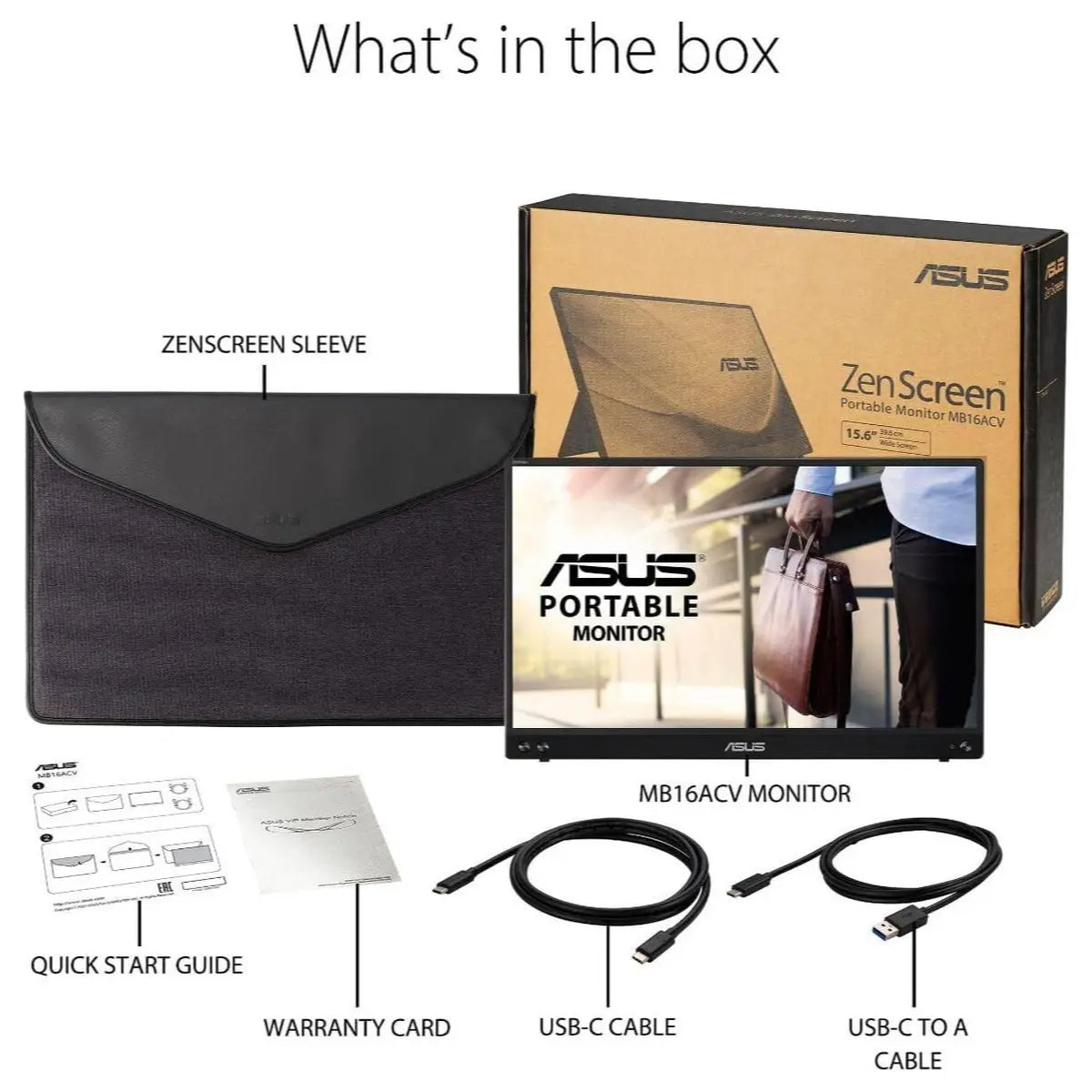 Asus ZenScreen MB16ACV Portable Monitor, 15.6" Full HD 1920x1080 IPS, USB-C Hybrid-Signal Power and Video, Kickstand, Eye Care Flicker Free Blue Light Filter