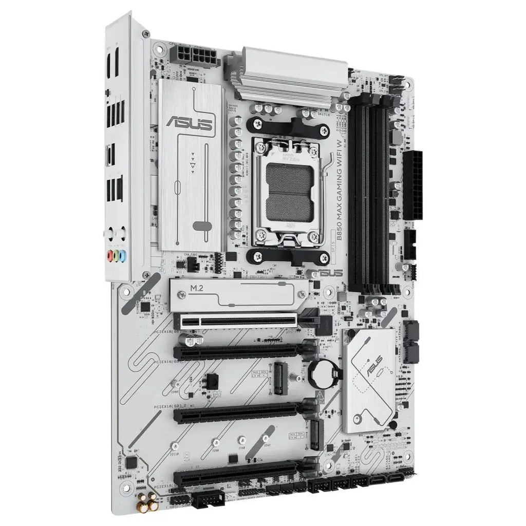 Asus B850 Max Gaming Wifi W AMD AM5 ATX Motherboard, DDR5 8000+MT/s, PCIe 5.0, 3x M.2, Wi-Fi 6E, 2.5Gb LAN, USB 10Gbps Type-C, White PCB