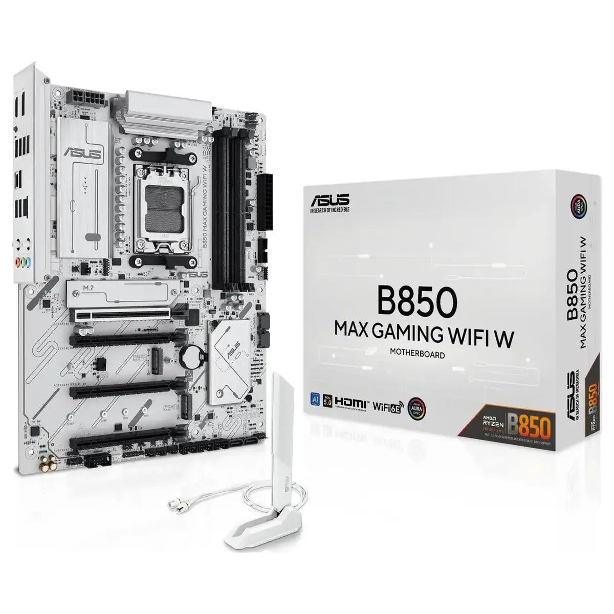 Asus B850 Max Gaming Wifi W AMD AM5 ATX Motherboard, DDR5 8000+MT/s, PCIe 5.0, 3x M.2, Wi-Fi 6E, 2.5Gb LAN, USB 10Gbps Type-C, White PCB
