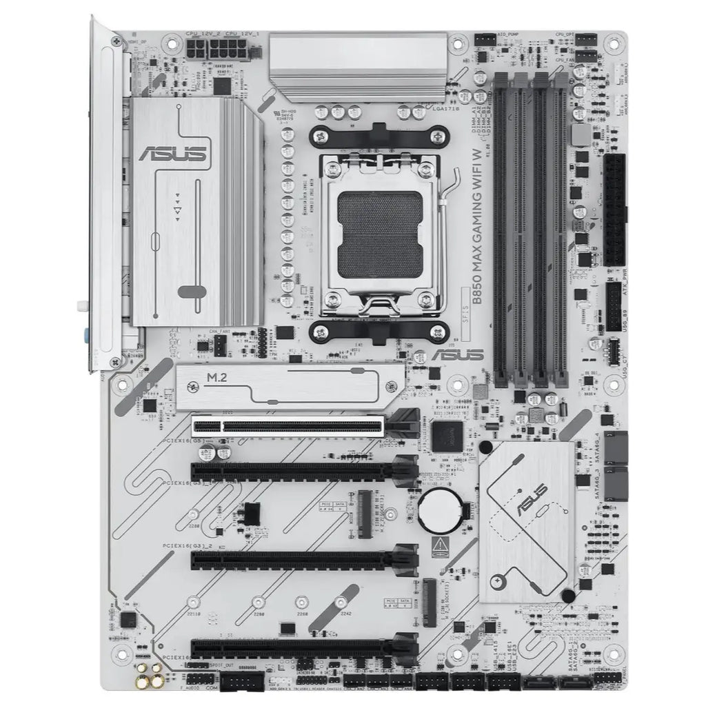 Asus B850 Max Gaming Wifi W AMD AM5 ATX Motherboard, DDR5 8000+MT/s, PCIe 5.0, 3x M.2, Wi-Fi 6E, 2.5Gb LAN, USB 10Gbps Type-C, White PCB