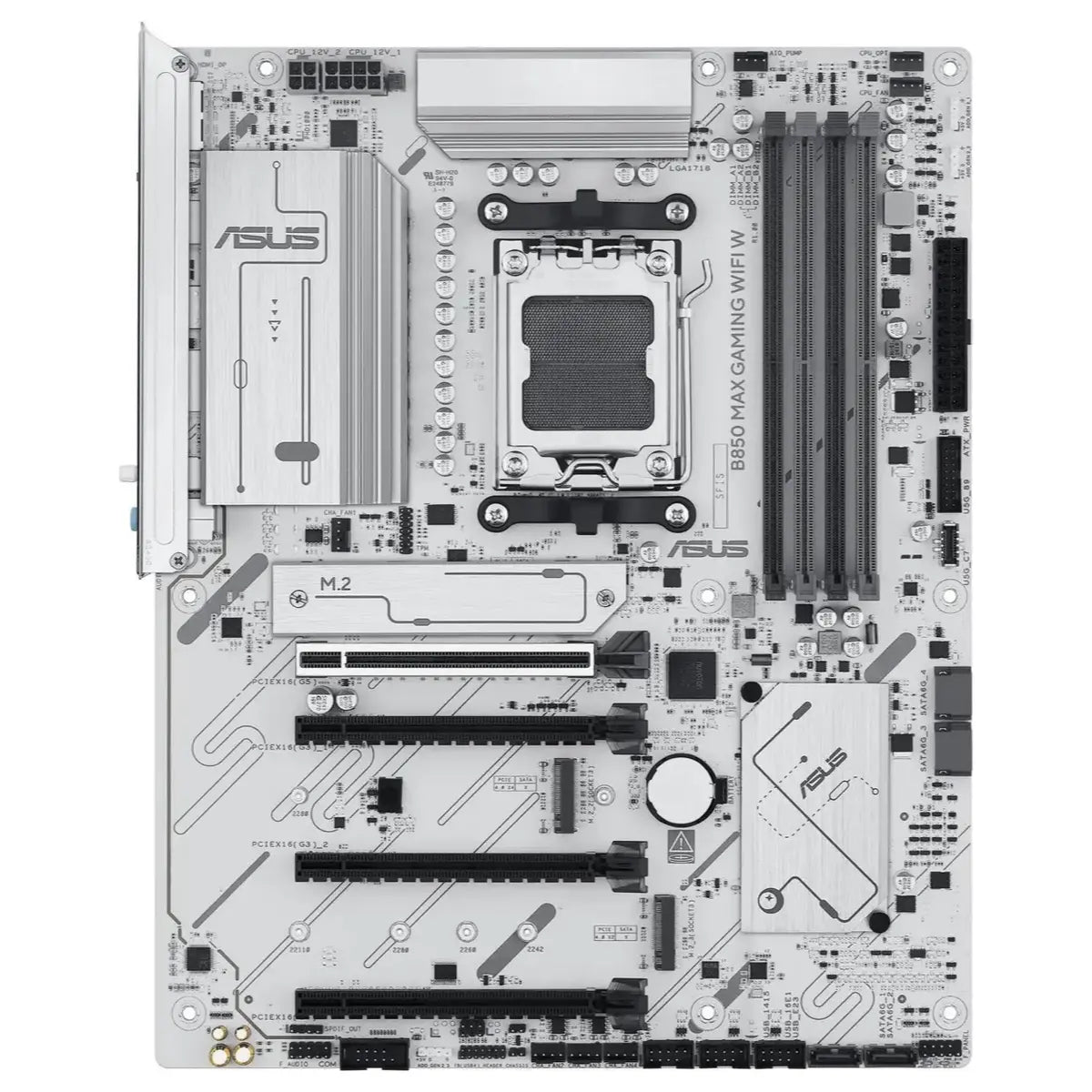 Asus B850 Max Gaming Wifi W AMD AM5 ATX Motherboard, DDR5 8000+MT/s, PCIe 5.0, 3x M.2, Wi-Fi 6E, 2.5Gb LAN, USB 10Gbps Type-C, White PCB