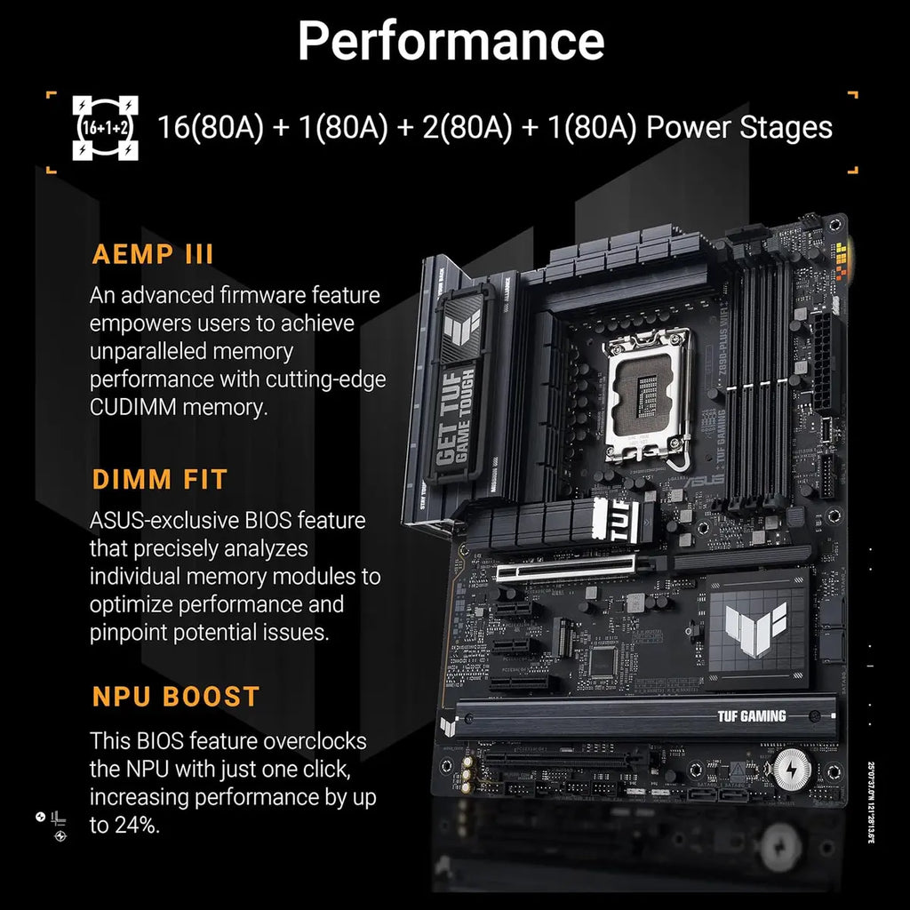 ASUS TUF Gaming Z890-PLUS WiFi ATX Motherboard, Z890 LGA1851, DDR5, PCIe5.0, Thunderbolt4 Type-C, 4xM.2, Wi-Fi7, 2.5Gb