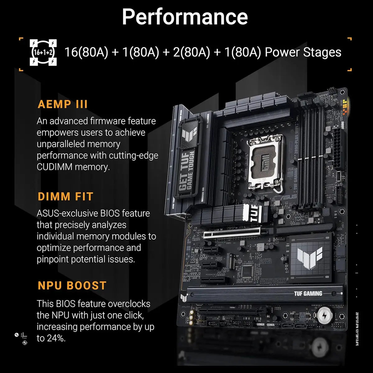 ASUS TUF Gaming Z890-PLUS WiFi ATX Motherboard, Z890 LGA1851, DDR5, PCIe5.0, Thunderbolt4 Type-C, 4xM.2, Wi-Fi7, 2.5Gb