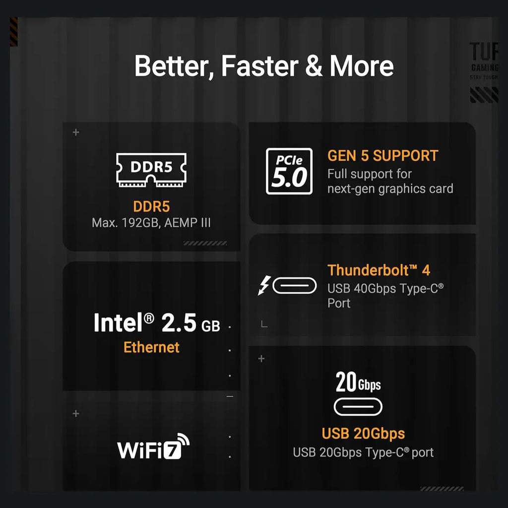 ASUS TUF Gaming Z890-PLUS WiFi ATX Motherboard, Z890 LGA1851, DDR5, PCIe5.0, Thunderbolt4 Type-C, 4xM.2, Wi-Fi7, 2.5Gb