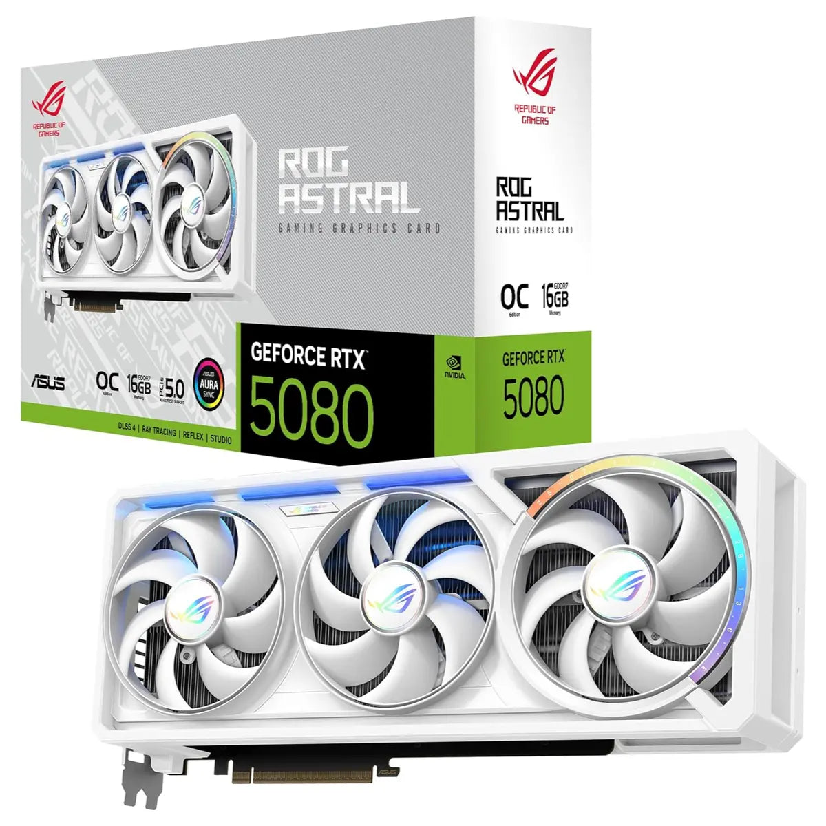 ASUS ROG Astral GeForce RTX 5080 16GB GDDR7 Video Graphics Card, OC 2790MHz, Quad-Fan, 2xHDMI2.1b 3xDisplayPort2.1b, White, ROG-ASTRAL-RTX5080-O16G-WHITE