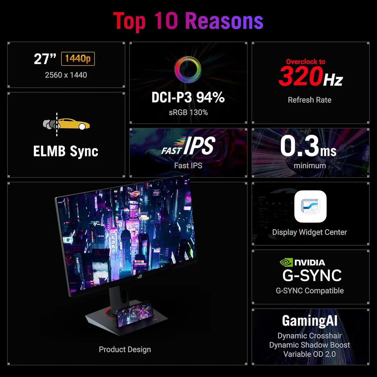 ASUS ROG Strix XG27ACMS, 27" QHD 320Hz, Fast IPS 0.3ms, HDR, USB-C, G-SYNC Compatible