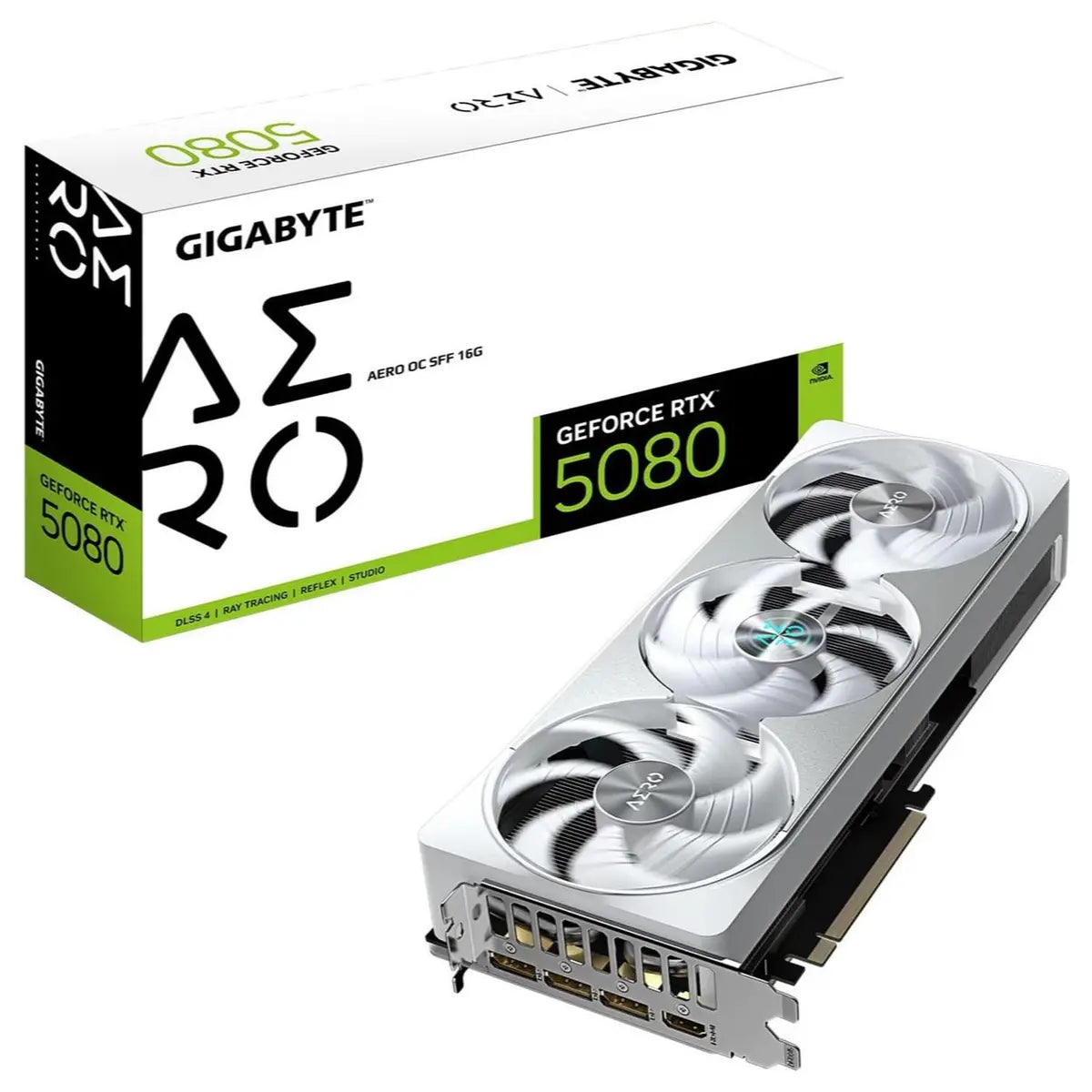Gigabyte GeForce RTX 5080 Aero OC SFF 16G Graphics Card, 16GB 256-Bit GDDR7, 2730MHz Core Clock, WINDFORCE Cooling, NVIDIA SFF-Ready, GV-N5080AERO OC-16GD