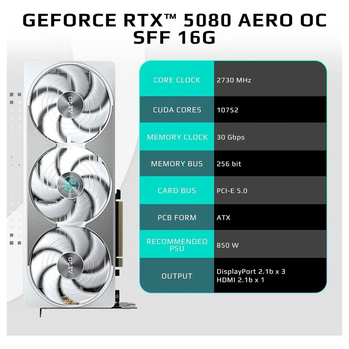 Gigabyte GeForce RTX 5080 Aero OC SFF 16G Graphics Card, 16GB 256-Bit GDDR7, 2730MHz Core Clock, WINDFORCE Cooling, NVIDIA SFF-Ready, GV-N5080AERO OC-16GD