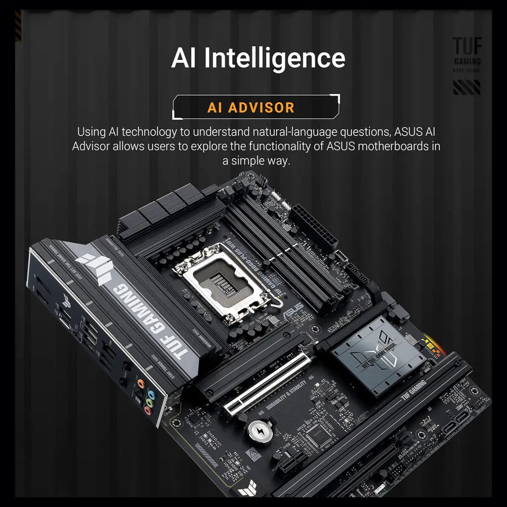 ASUS TUF Gaming B860-PLUS WiFi ATX Motherboard, B860, LGA1851, DDR5, PCIe5.0, 3x M.2, Wi-Fi7, 2.5Gb LAN, USB20Gbps Type-C
