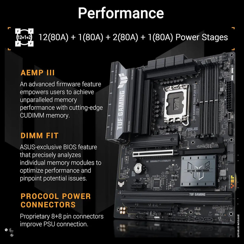 ASUS TUF Gaming B860-PLUS WiFi ATX Motherboard, B860, LGA1851, DDR5, PCIe5.0, 3x M.2, Wi-Fi7, 2.5Gb LAN, USB20Gbps Type-C