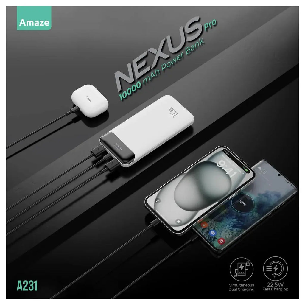 Amaze Nexus Pro 10000mAh Power Bank, 22.5W Fast Charging, Dual Input Micro USB and USB-C, Dual Output USB-A and USB-C, Model A231