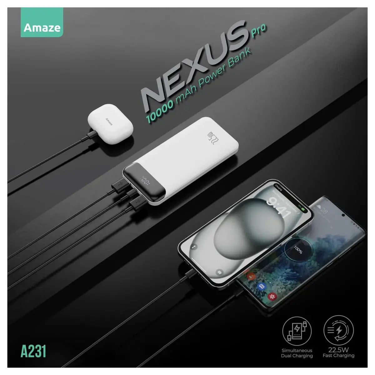 Amaze Nexus Pro 10000mAh Power Bank, 22.5W Fast Charging, Dual Input Micro USB and USB-C, Dual Output USB-A and USB-C, Model A231