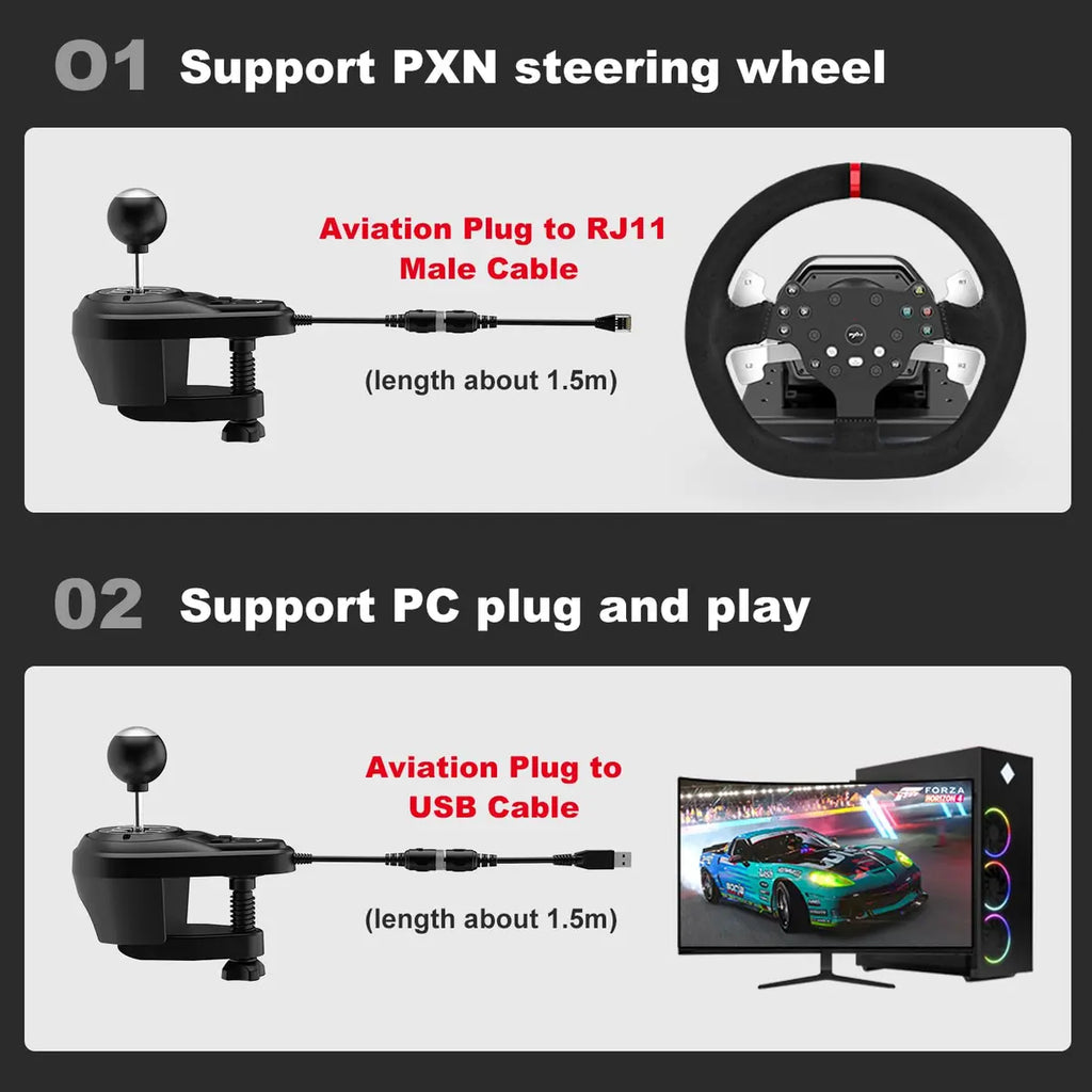 PXN A7 Gaming Gear Shifter, 6+1 Shift Lever with Handbrake Button and Shift Button for High and Low Gear, Plug and Play for PC