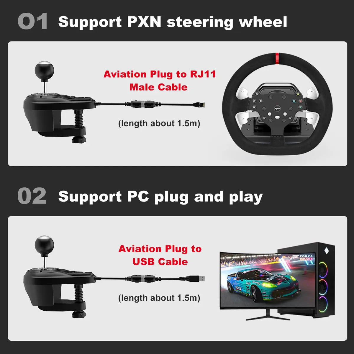 PXN A7 Gaming Gear Shifter, 6+1 Shift Lever with Handbrake Button and Shift Button for High and Low Gear, Plug and Play for PC