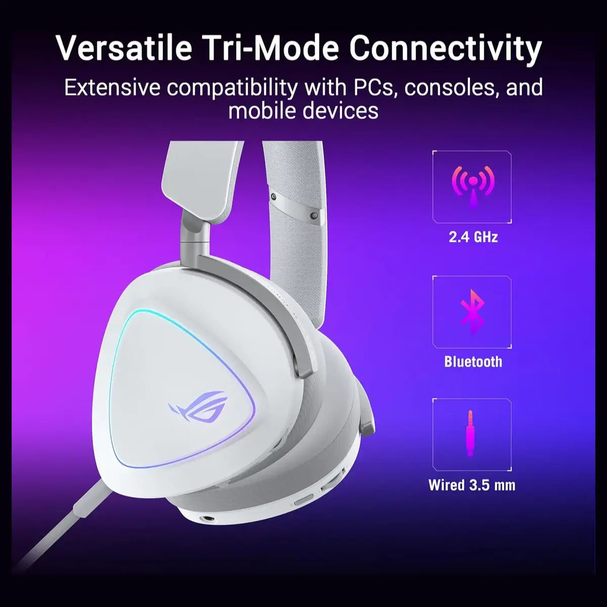 Asus Rog Delta II Wireless Gaming Headset, BT, ROG SpeedNova 2.4GHz, 3.5mm, 50mm Titanium-Plated Drivers, 10mm Super-Wideband Mic, 110HR Battery, DualFlow Audio, White