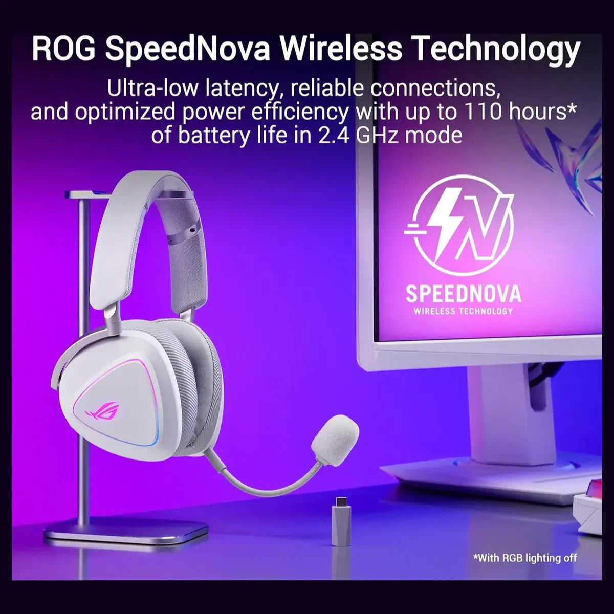Asus Rog Delta II Wireless Gaming Headset, BT, ROG SpeedNova 2.4GHz, 3.5mm, 50mm Titanium-Plated Drivers, 10mm Super-Wideband Mic, 110HR Battery, DualFlow Audio, White