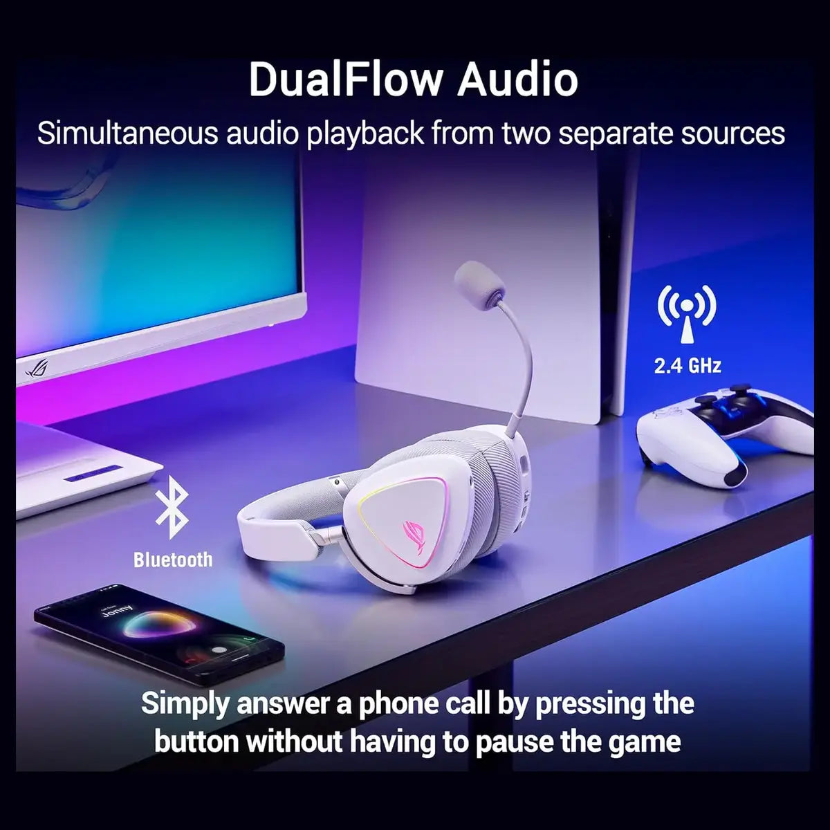 Asus Rog Delta II Wireless Gaming Headset, BT, ROG SpeedNova 2.4GHz, 3.5mm, 50mm Titanium-Plated Drivers, 10mm Super-Wideband Mic, 110HR Battery, DualFlow Audio, White