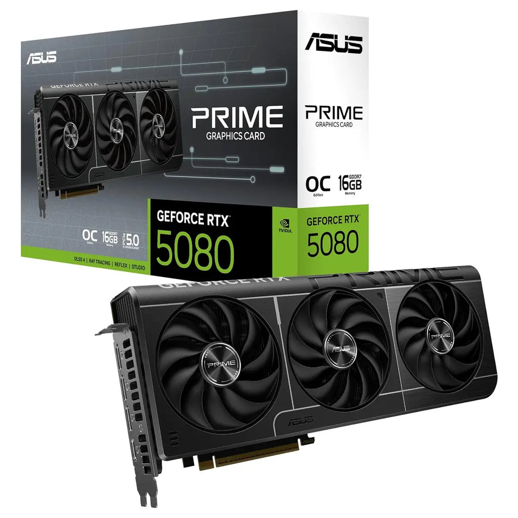 Asus Prime RTX 5080 OC Edition Graphics Card, 16GB GDDR7, PCIe 5.0, HDMI and DP 2.1, 2.5-Slot, Axial-Tech Fans, Vapor Chamber, Dual BIOS, SFF-Ready, PRIME-RTX5080-O16G