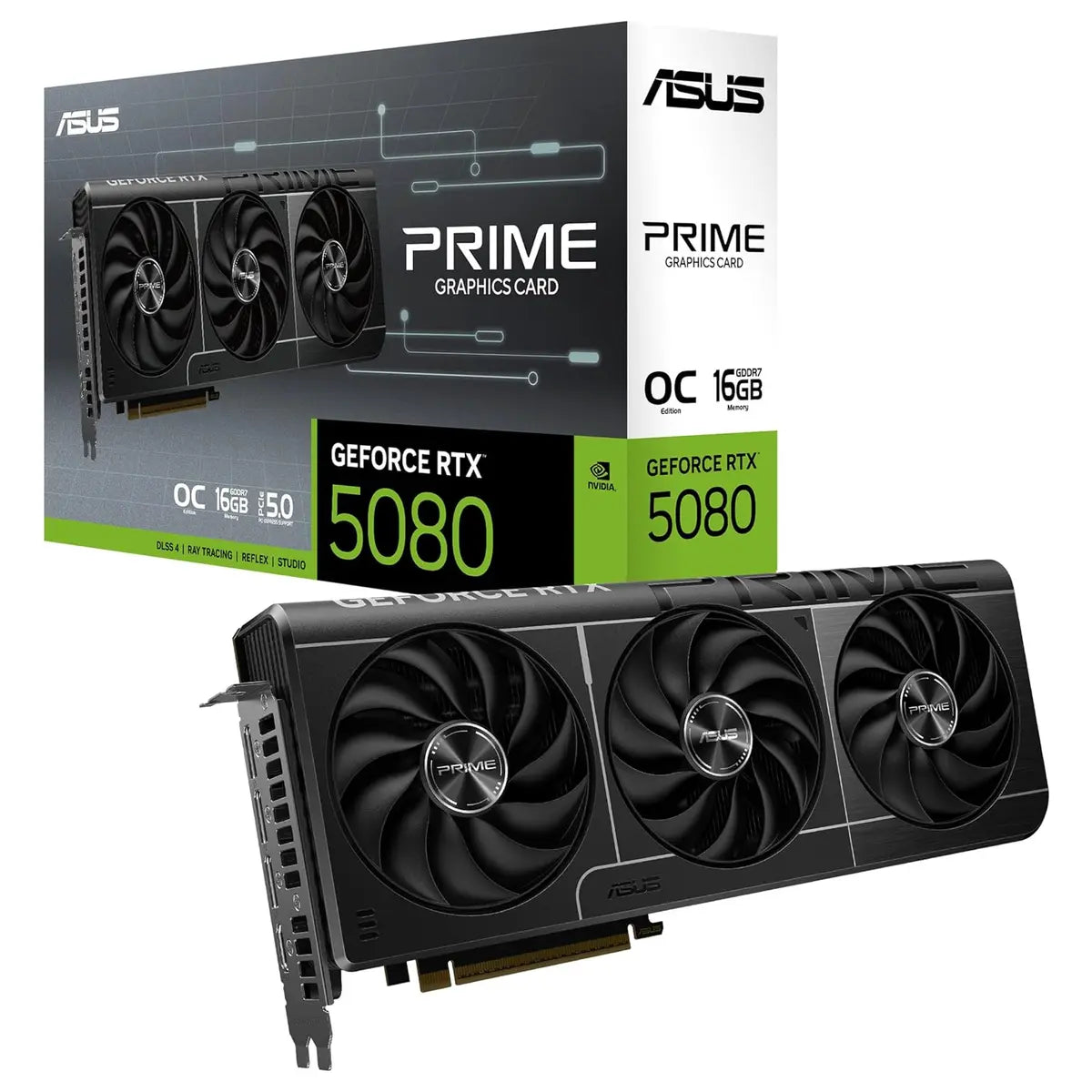 Asus Prime RTX 5080 OC Edition Graphics Card, 16GB GDDR7, PCIe 5.0, HDMI and DP 2.1, 2.5-Slot, Axial-Tech Fans, Vapor Chamber, Dual BIOS, SFF-Ready, PRIME-RTX5080-O16G