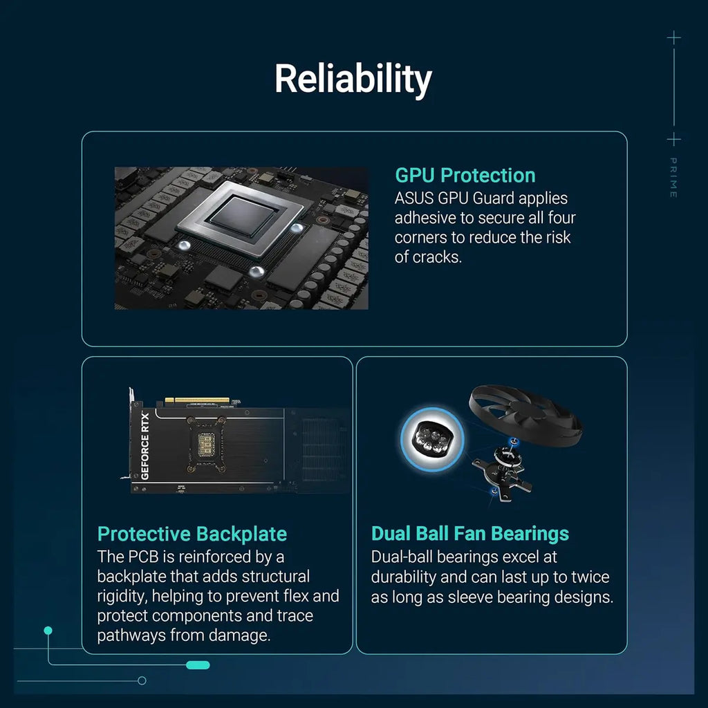 Asus Prime RTX 5080 OC Edition Graphics Card, 16GB GDDR7, PCIe 5.0, HDMI and DP 2.1, 2.5-Slot, Axial-Tech Fans, Vapor Chamber, Dual BIOS, SFF-Ready, PRIME-RTX5080-O16G