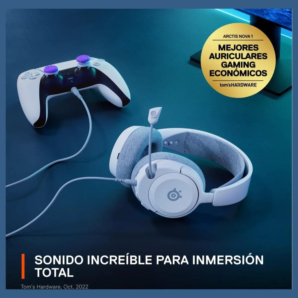 SteelSeries Arctis Nova 1P Multi-System Gaming Headset, Hi-Fi Drivers, 360 Degree Spatial Audio, Noise-Cancelling Mic, 3.5mm Jack, White, 61612
