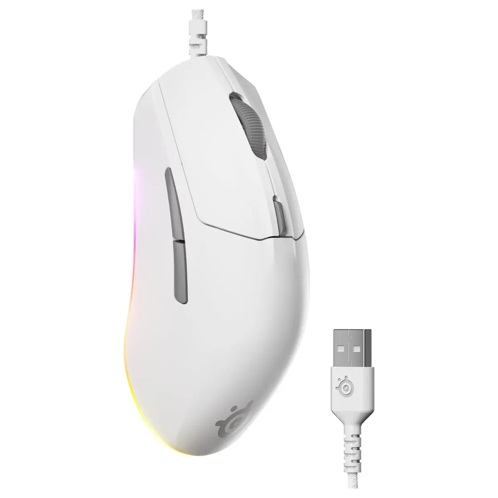 SteelSeries Rival 3 Gen 2 Gaming Mouse, TrueMove Core 8500 DPI Optical Sensor, 1.35ms Click Latency, 60 Million Click Durability, 77g Lightweight, 3-Zone RGB, White 62516