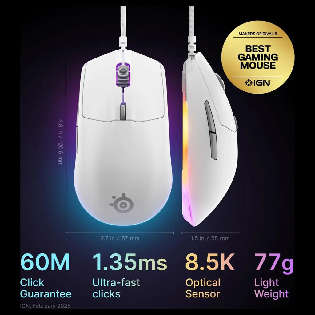 SteelSeries Rival 3 Gen 2 Gaming Mouse, TrueMove Core 8500 DPI Optical Sensor, 1.35ms Click Latency, 60 Million Click Durability, 77g Lightweight, 3-Zone RGB, White 62516