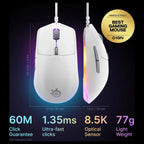 SteelSeries Rival 3 Gen 2 Gaming Mouse, TrueMove Core 8500 DPI Optical Sensor, 1.35ms Click Latency, 60 Million Click Durability, 77g Lightweight, 3-Zone RGB, White 62516