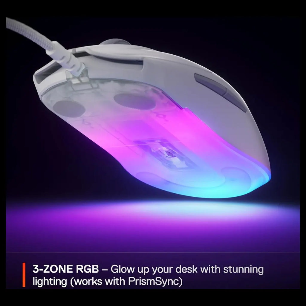 SteelSeries Rival 3 Gen 2 Gaming Mouse, TrueMove Core 8500 DPI Optical Sensor, 1.35ms Click Latency, 60 Million Click Durability, 77g Lightweight, 3-Zone RGB, White 62516