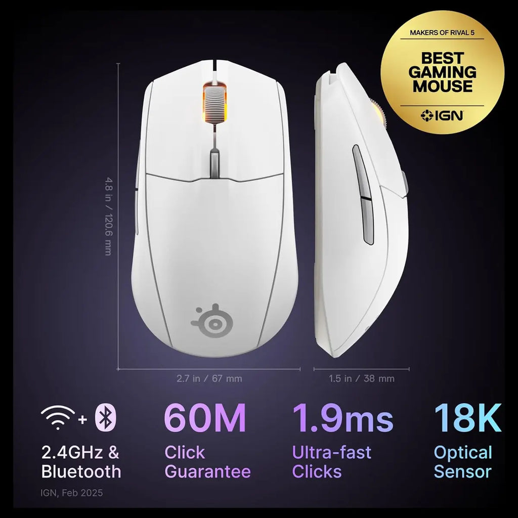 SteelSeries Rival 3 Wireless Gen 2 Gaming Mouse, 2.4GHz and Bluetooth, 18000 DPI TrueMove Air Optical Sensor, 60 Million Click Durability, 100% PTFE Feet, White 62524