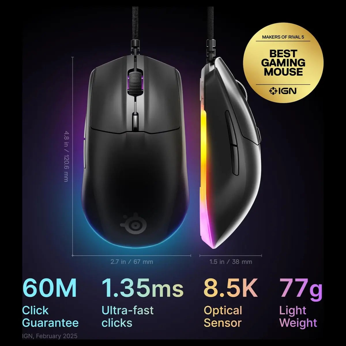 SteelSeries Rival 3 Gen 2 Gaming Mouse, TrueMove Core 8500 DPI Optical Sensor, 1.35ms Click Latency, 60 Million Click Durability, 77g Lightweight, 3-Zone RGB, Black