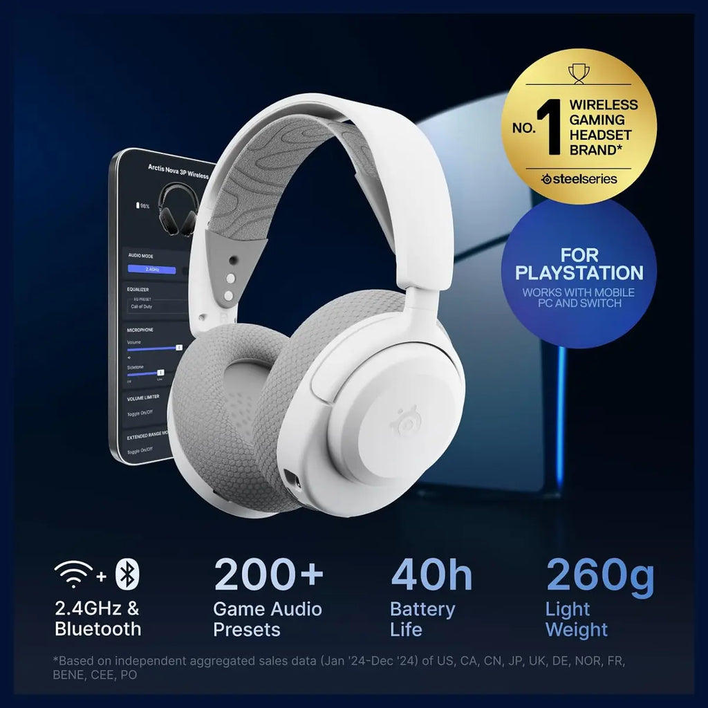 SteelSeries Arctis Nova 3P Wireless Gaming Headset, Mobile App Control, 40HR Battery With Fast Charging, 2.4GHz and Bluetooth, For PlayStation PC and Switch, White 61687