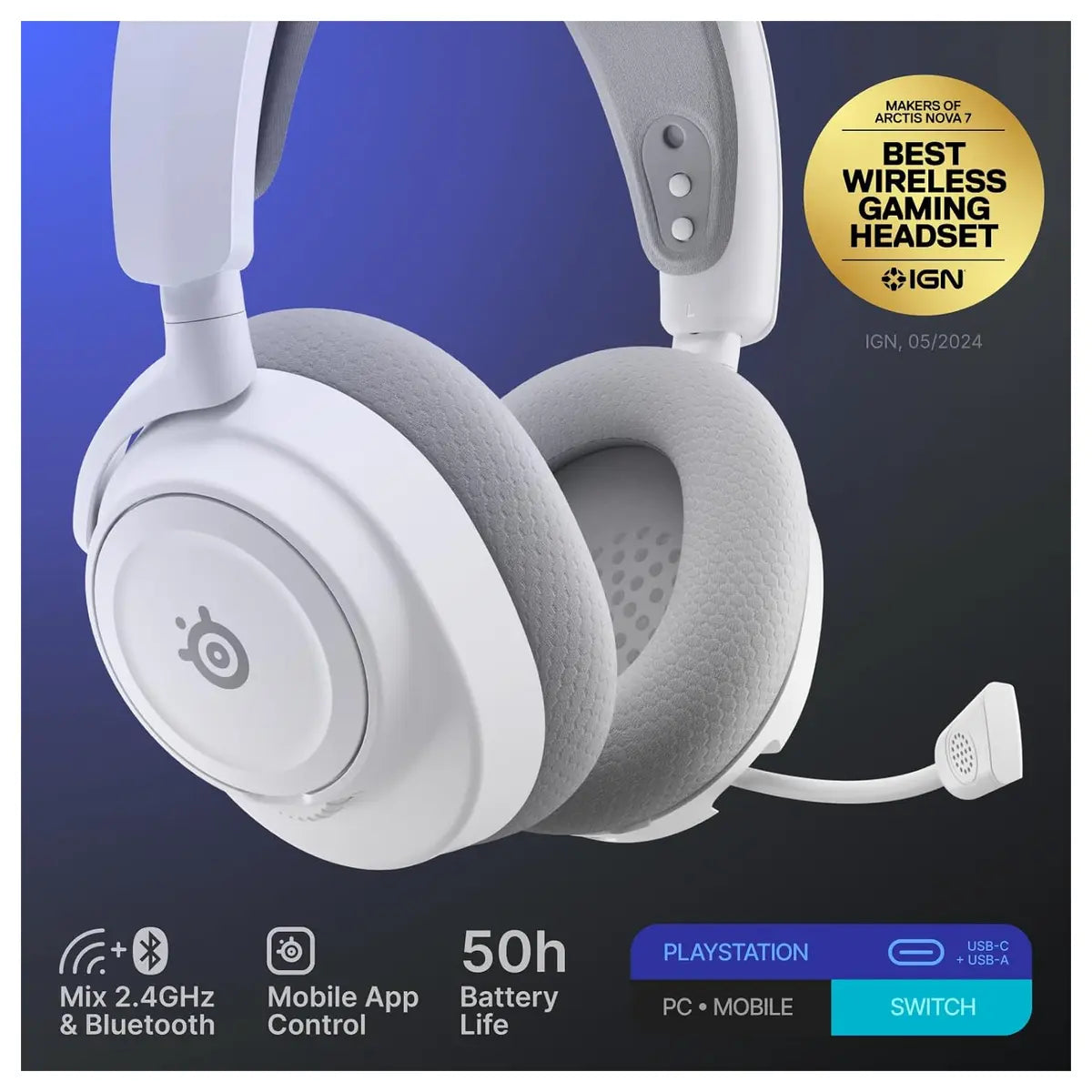 SteelSeries Arctis Nova 7P Wireless Gen 2 Gaming Headset, Real-Time App Control, 50+Hr Battery, Neodymium Magnetic Drivers, 2.4GHz and Bluetooth, USB-C Dongle, White 61745