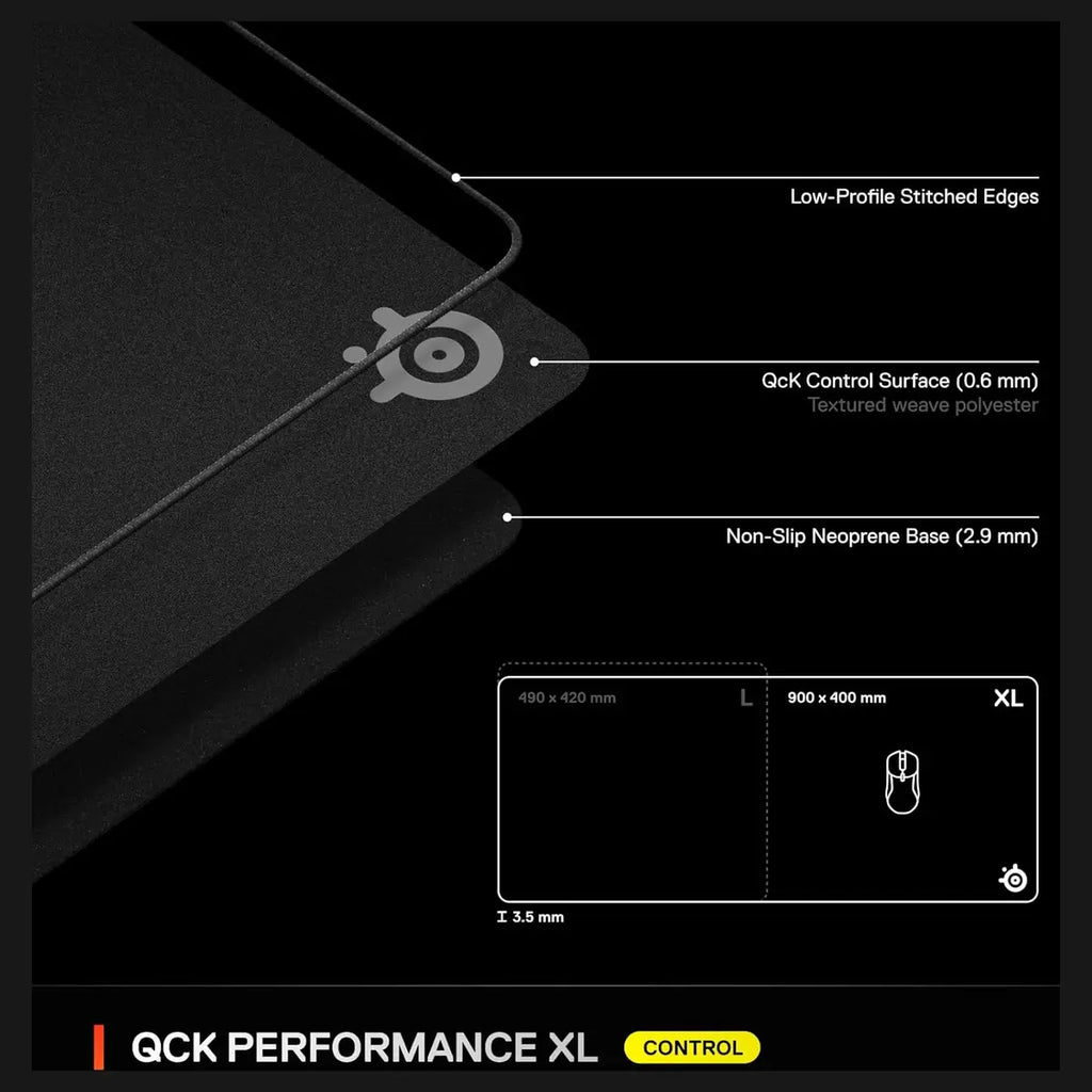 SteelSeries QcK XL Performance Control Gaming Mousepad, Micro-Textured Surface, 3.5mm Thick, Low-Profile Stitched Edges, Non-Slip Neoprene Rubber Base, 900x400mm, 63435